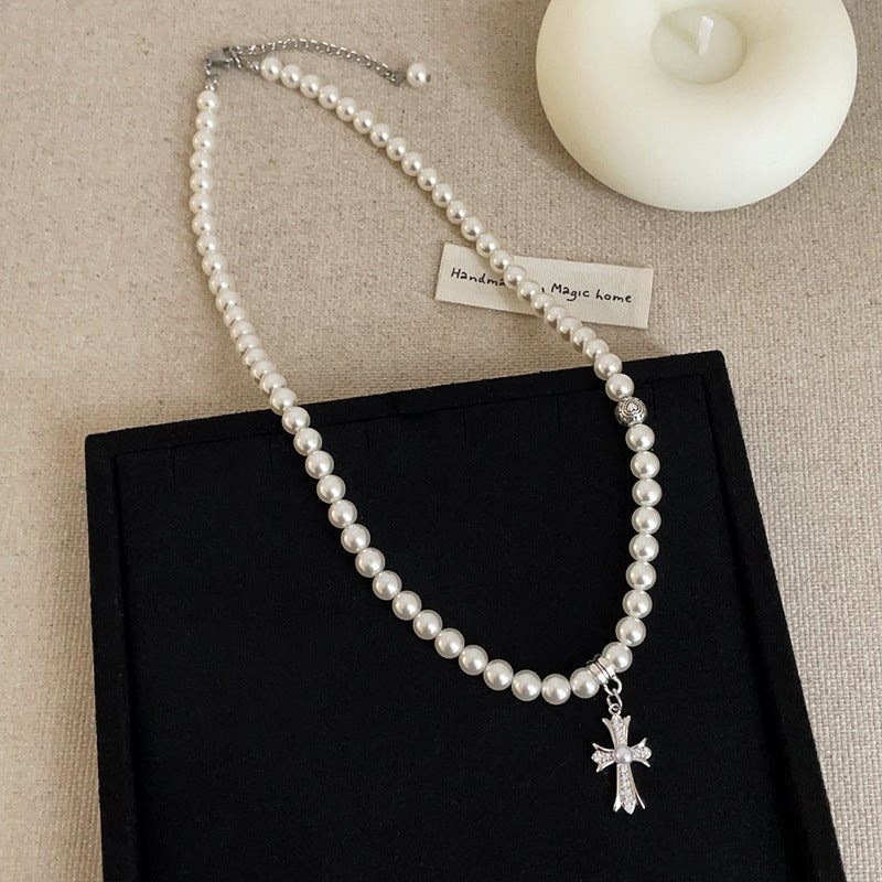 Vintage Cross Pendant Pearl Necklace Bracelet Women'S Light Luxury High-End Fashion Elegant All-Match Neck Chain Woolen Chain - Image 4